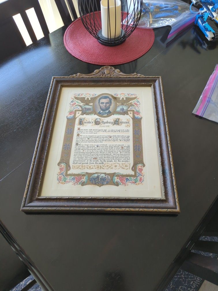 Vintage J R Rosen Framed Gettysburg Address Print