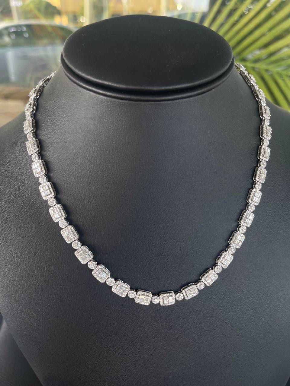 14k solid white gold vvs diamond baguette and round stones natural necklace pave flower set