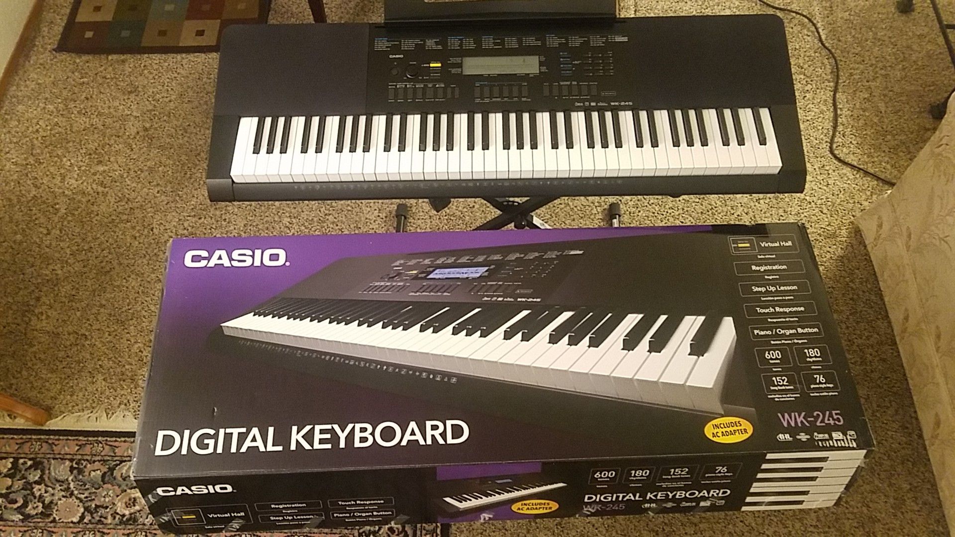 Digital keyboard piano (76 keys!) with stand and bench