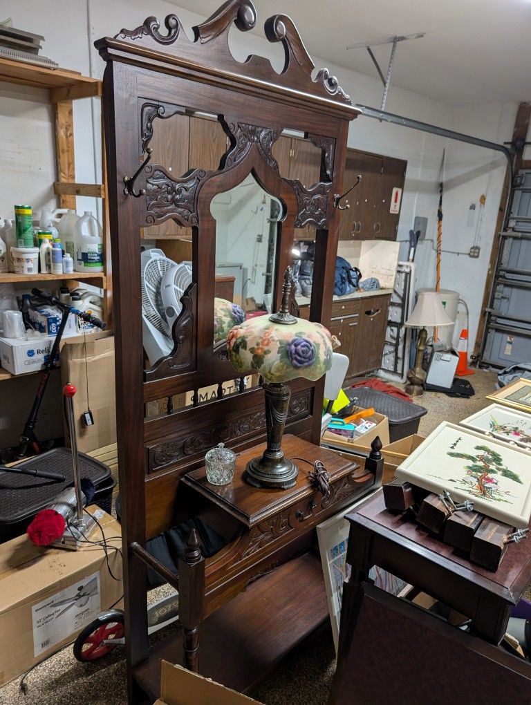 Antique Solid Mahogany Console / Coat Rack With Mirror And Umbrella Stands