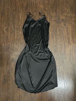 Women’s Black Satin-Look Full Slip L Spaghetti Straps Trim Solid Dress