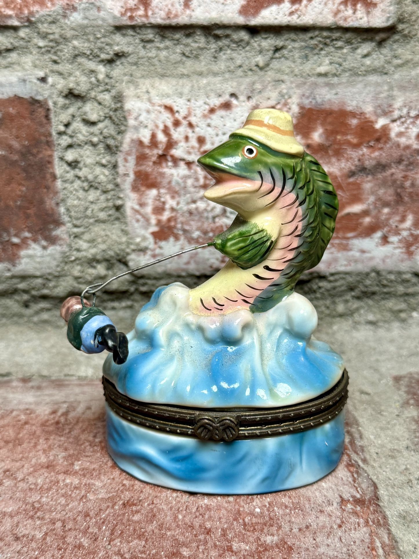 Porcelain Fish Fishing  Man Trinket Box  Father’s Day  Fishing Basket Trinket