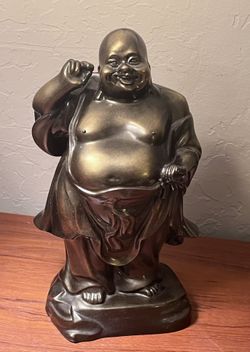 12" Laughing Buddha Standing Black Copper Resin Statue Figurine