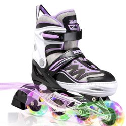 Size Small - Little Kids (10C-13C US) Pink Girls Adjustable Illuminating Inline Skates with Light up Wheels, Fun Flashing Beginner Roller Skates for K