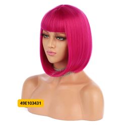 12" Rose Hot Pink Straight Bob Wig for Women Cosplay Party #49E103431