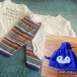 0-3, 3M Baby Boy Girl Unisex Gymboree,  koala baby,  gap, Carter’4 Pieces: 2  Onesies, Velour Striped  Pants, Gymboree Knit, Penguin Hat Velour Lining