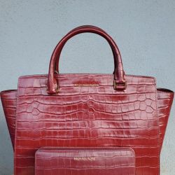 New Michael Kors Large Burgandy Croco Embossed Satchel And Large Wallet 