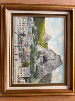 Vintage Original European Landscape Painting – Framed Luxembourg Town Scene