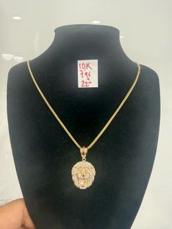 10K Yellow Gold Franco Chain and Pendant CUBIC ZIRCONIUM STONES For Wedding 7Gr 22 Inches Long