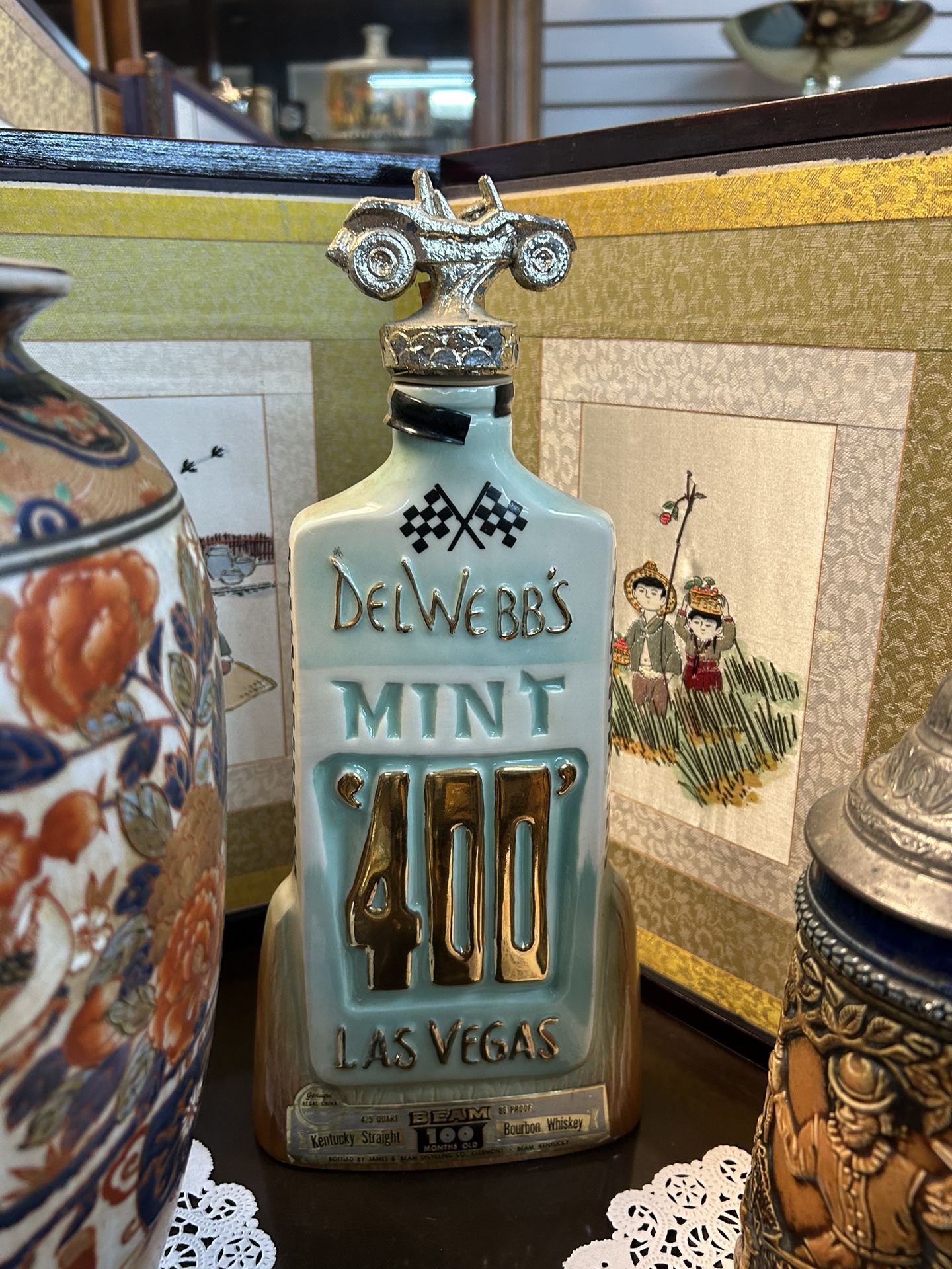 Vintage Jim Beam whiskey decanter commemorating the Del Webb's Mint 400 Las Vegas desert race