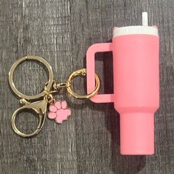 New Pink & White Mini Tumbler Chapstick Holder Keychain with Paw Charm
