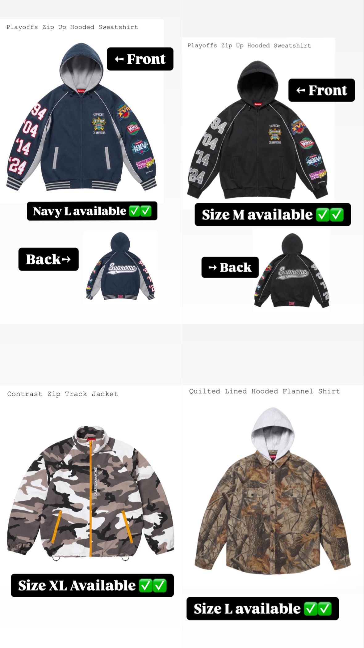 Supreme Spring/Summer 25” Week 1 Playoffs Zip Up Hooded Sweatshirt, Contrast Zip Track Jacket, Quilted Lined Hooded Flannel Shirt, Crochet Beanie,