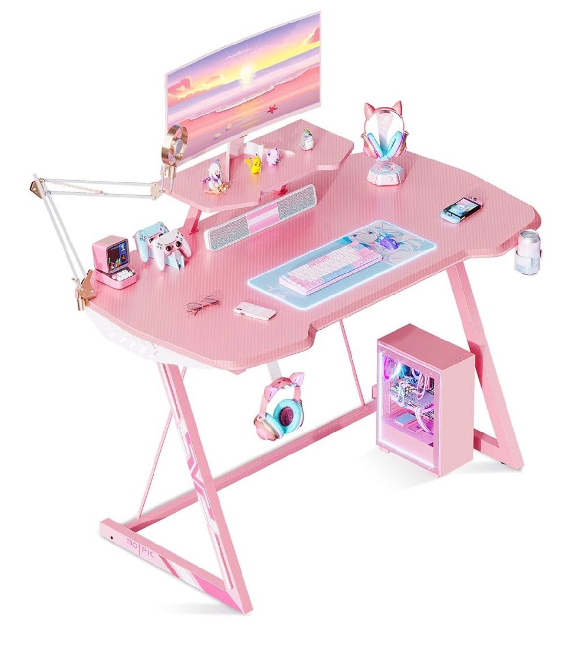 Pink Gaming Desk 39inch Z-Shaped Sturdy Gaming Table for Girls