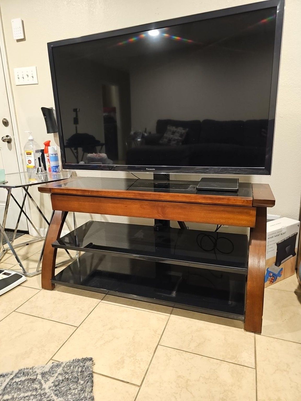 Screen Shalf LARGE Panasonic Flat Screen TV + Wood & Glass TV Stand – Complete Setup ...