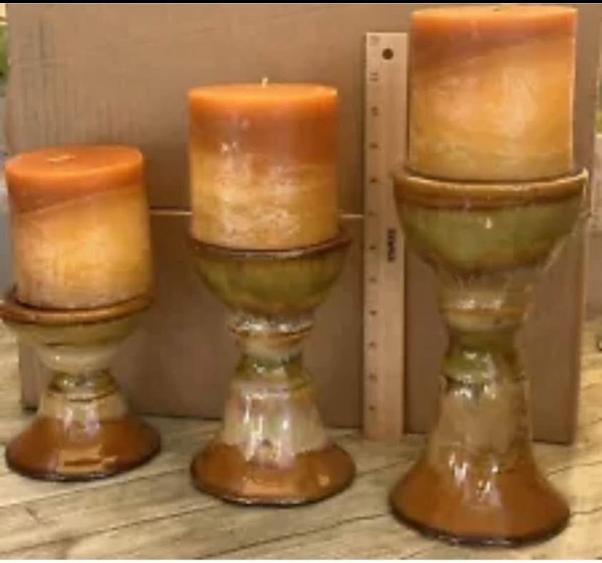 THREE HANDS CORP (3) Set Glazed Ceramic Candle Holders With (3) 4x4 Candles