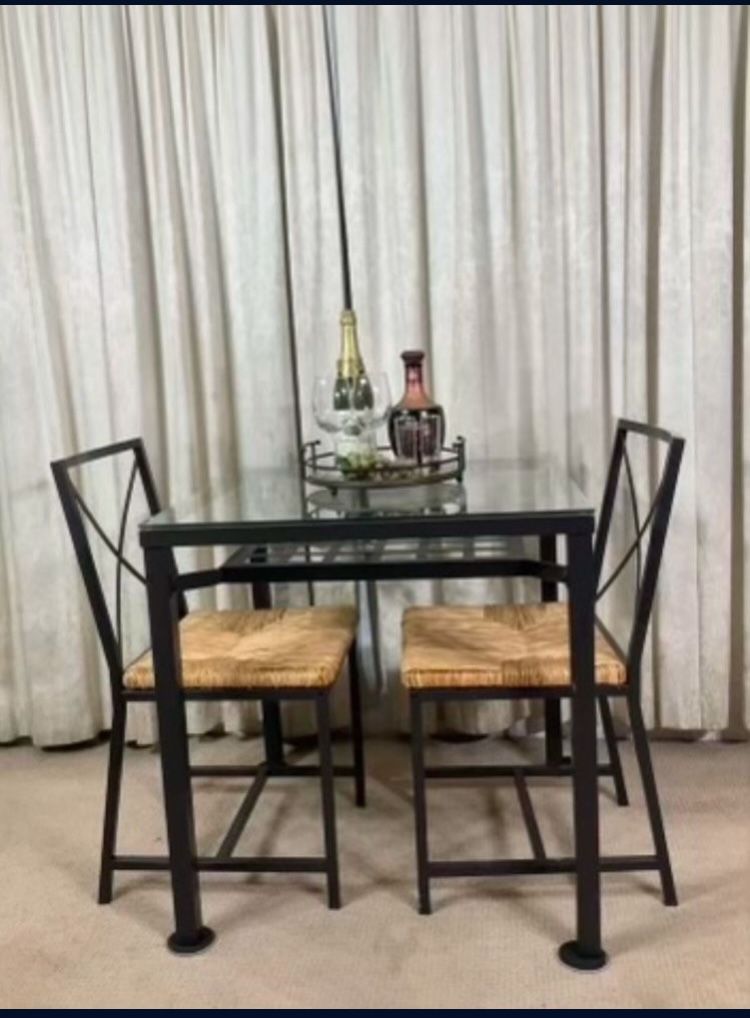 Glass & Iron Dining Table 2 Chairs 