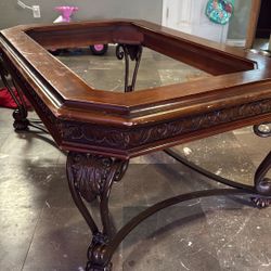 Large Ornate Hard Wood Coffee Table With Brass Legs