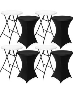 4 Set 32" High Top Cocktail Tables for Parties White Round Folding Bar Height Table with Removable Legs and 32 x 43 Inch Black Spandex Stretch Table C