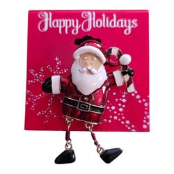 Santa Pin Dangle Legs Christmas Happy Holidays Brooch Candycane