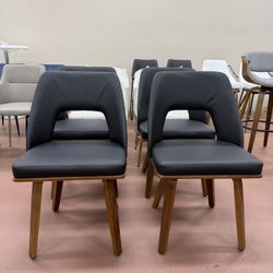 Upholstered Chair Set – Mid-Century Modern Walnut Bamboo, Black PU