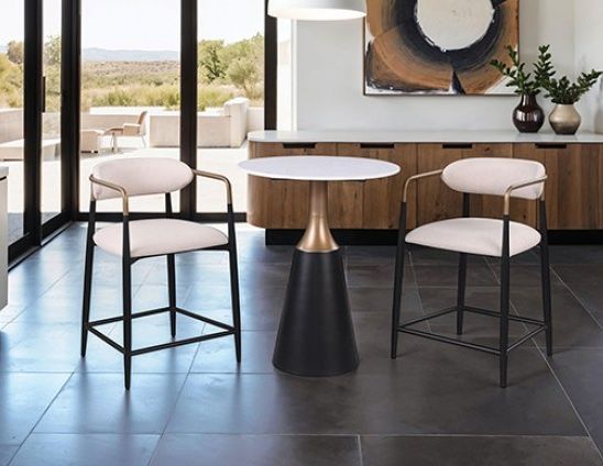black white and gold 28" round bar table set with stone top