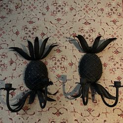 2 Black Metal Hanging Pineapple Candleholders  Wall Scones