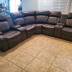 Brown Leather Sectional Sofa With 4 Power Reclining Seats
