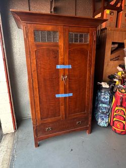 Mission Style Wood Armoire with Leaded Glass