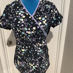 Cherokee Scrub Top – Black Multi-Color Dot Print – Small/Medium