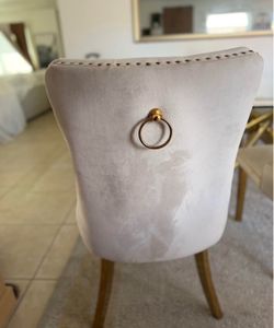 Elegant Cream Velvet Tufted Wingback Dining Chairs w/ Gold Nailheads & Legs - Full S