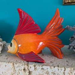 Vintage Talevera Mexican Pottery Polymer Clay Fish Large Orange Red Hand Crafted