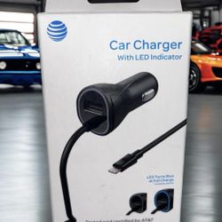 AT&T LED Indicator Car Charger, 3.4-amp, Extra USB Port - Charge 2 at Once! NEW IN BOX! iPhone/iPad Lightning Cable