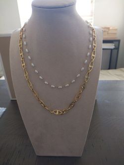 Brand new double wear gold plated chain necklace with pearl