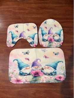 3-Piece Floral and Gnome Shower Curtain Set – Featuring violet flowers, butterflies, and a rustic wood-plank botanical design; includes shower curtain