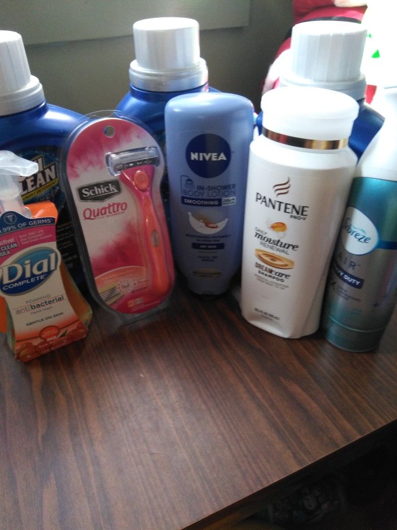 Javon oxy clean, febreez, rasuradora shick, dial lavamanos,shampoo Pantene.