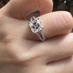 Brand New Moissanite Asscher Cut 2CT Ring 18K White Gold Plated Sterling Silver