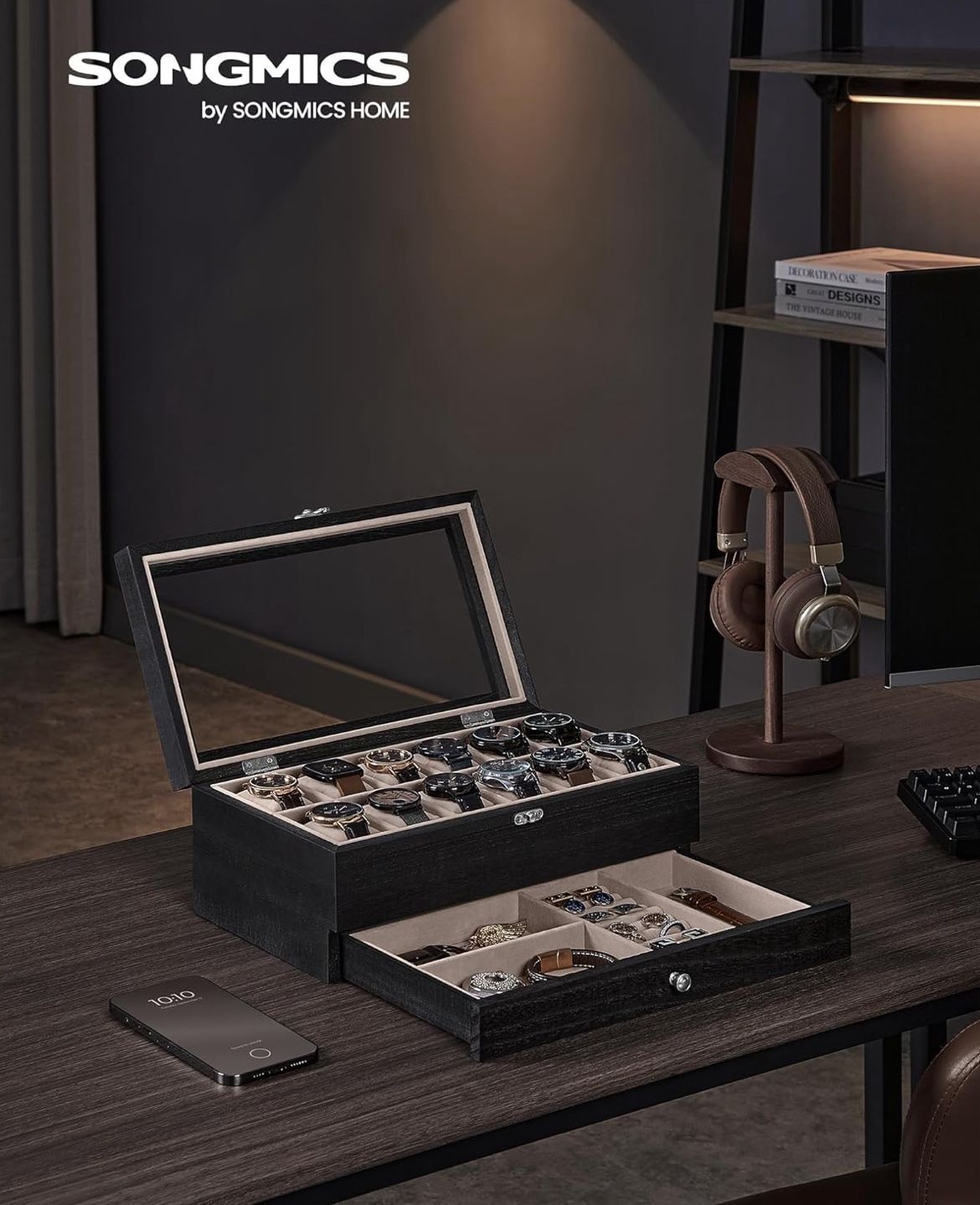 SONGMICS 12-Slot Watch Box 2-Tier Display Case with Large Glass Lid - Ink Black