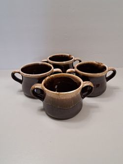 Vintage McCoy Pottery USA Brown Drip Glaze Double Handle Soup Bowl Set of 4