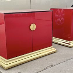 Gorgeous Vintage Rare Red Glass & Gold Matching Ello Cabinets Nightstands