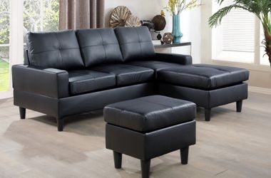 Brand New Black Leather Sectional With A Reversible Chaise & Matching Footrest