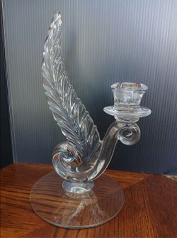 Vtg Fostoria Glass Single Plume Candlestick 9.5" Feather Design Art Deco Holiday