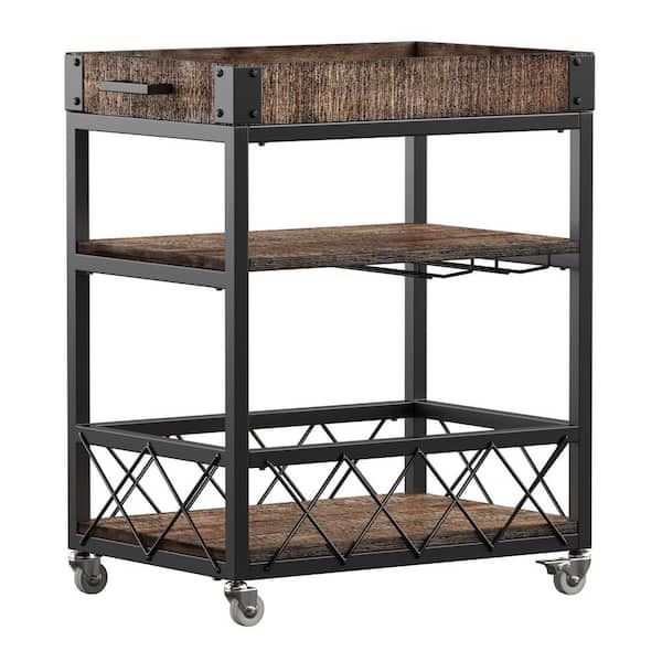 Brown Rustic Serving Cart With Wine Inserts And Removable Tray Top