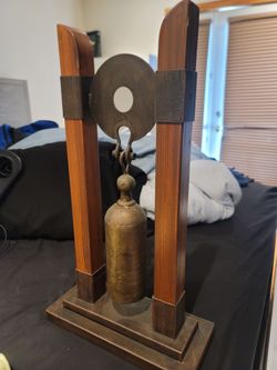 LARGE TABLETOP BRASS AND WOOD PRAYER BELL GONG 21"