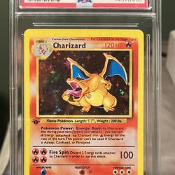 Pokémon First Edtion Holographic Charizard REPRINT, graded 9! You get card in photo!