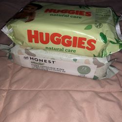 1 pack of huggies wipes,     1 pack of honest sensitive clean conscious wipes 