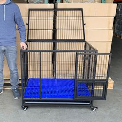(NEW) $150 Heavy-Duty Dog Cage 37x25x33” Single-Door Folding Crate Kennel with Plastic Floor & Tray