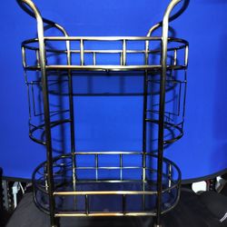  Sinclair Antique Gold & Metal Large 2 Tiered Glass Serving Cart With Wheel Stoppers  By Silverwood