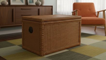 Vintage Mid Century Wicker Rattan Brass Accent Storage Trunk Chest 36x20x20.5in