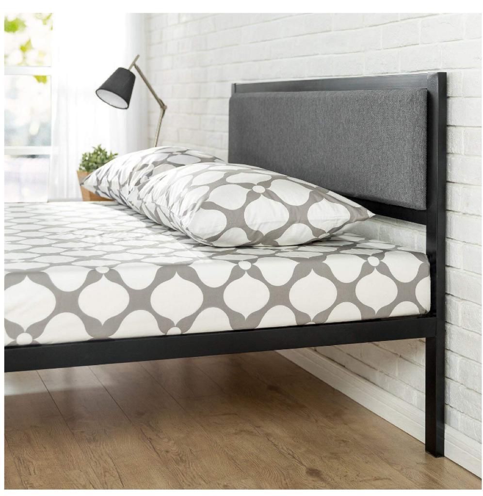 Zynus 14 inch Platform queen size Metal Bed Frame with upholstered Head Board