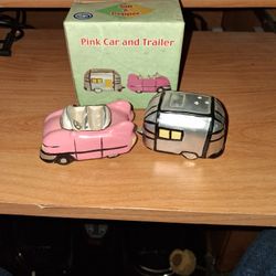Pink car and trailer , salt and pepper shakers